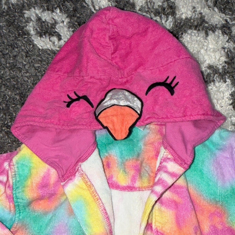 EUC Saint Eve Pink tie dye Flamingo Hooded Bathrobe cotton towel beach cover up - Picture 3 of 6